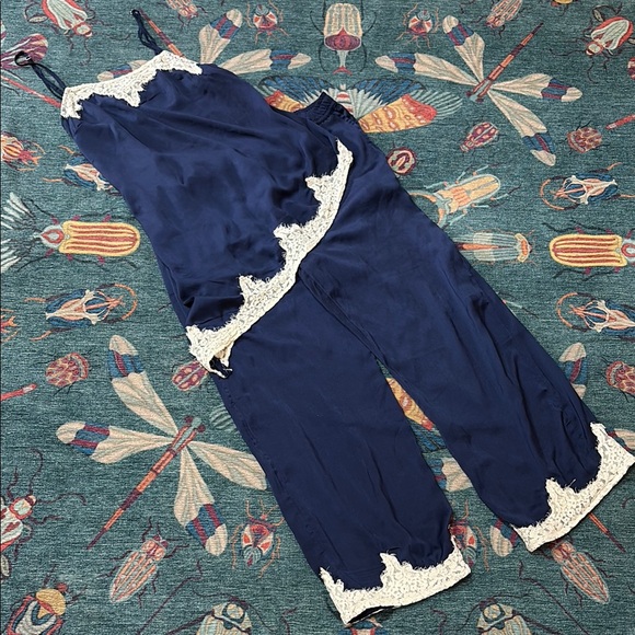 By Anthropologie Silky Navy Blue Lace Trim Sleepwear Set M - Picture 2 of 7